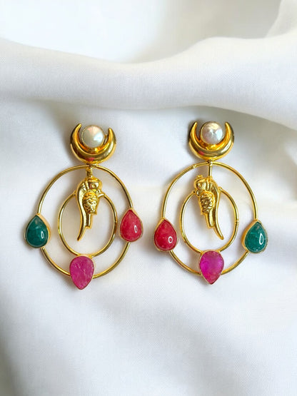 Totapari Stone Pearl Statement Dangler Brass Earrings
