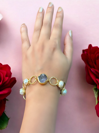 Real Pearls and Stone Monica Brass Bracelet