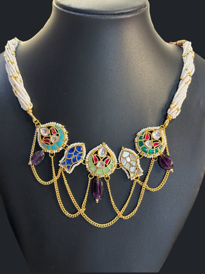 Purple Amethyst Machali Pachi Kundan Choker Set