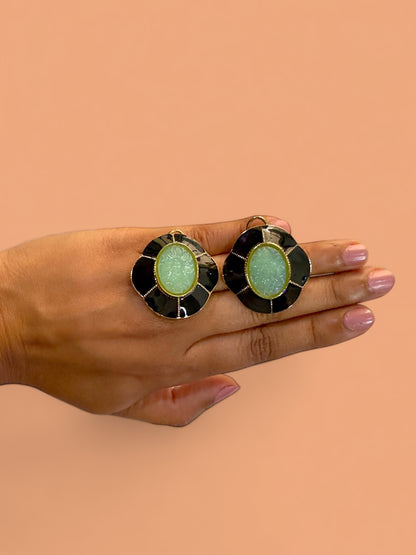 Carved Stone and Enamel Oversized Studs