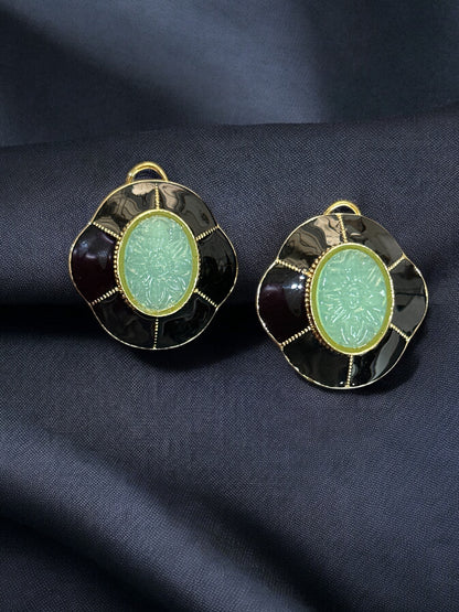 Carved Stone and Enamel Oversized Studs