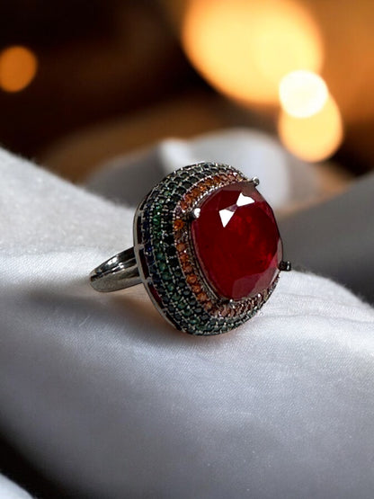 Red Crushed Doublet Square Cocktail Ring Adjustable
