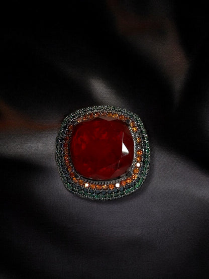 Red Crushed Doublet Square Cocktail Ring Adjustable