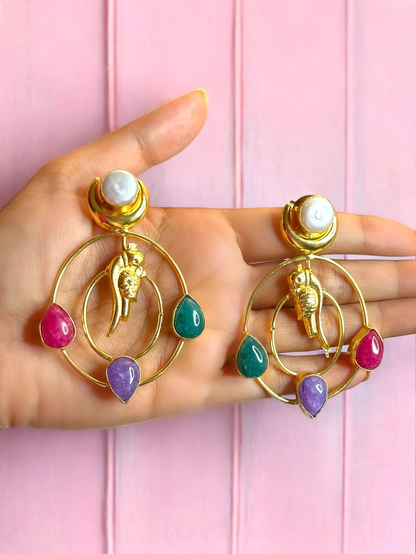 Totapari Stone Pearl Statement Dangler Brass Earrings