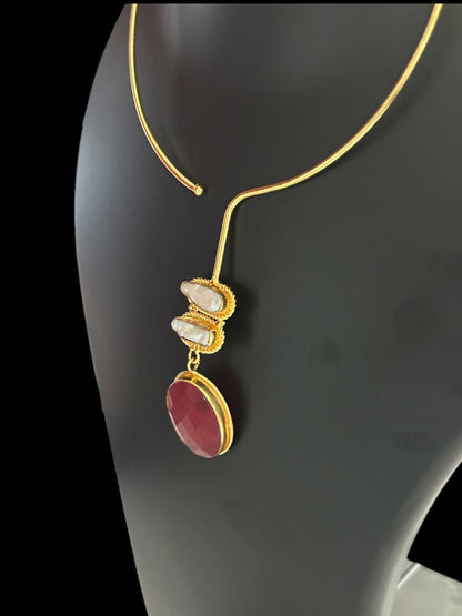 Red Thritiya Baroque Pearl and Stone Statement Hasli