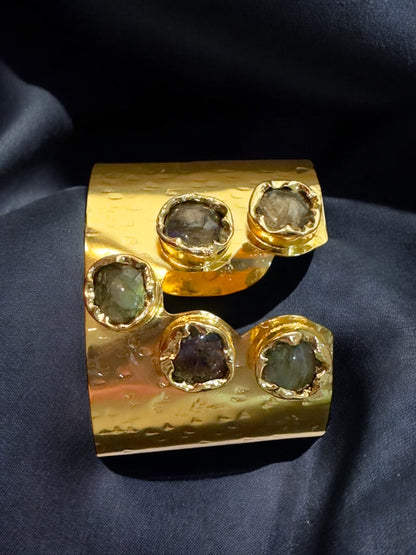 Natural Stone Panch Lazer Cut Brass Cuff Adjustable