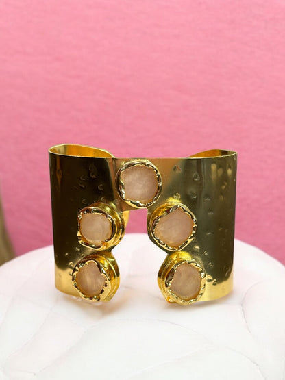 Natural Stone Panch Lazer Cut Brass Cuff Adjustable