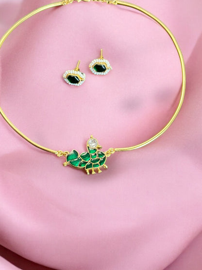 Green Chidiya Jadau Statement Brass Hasli Set