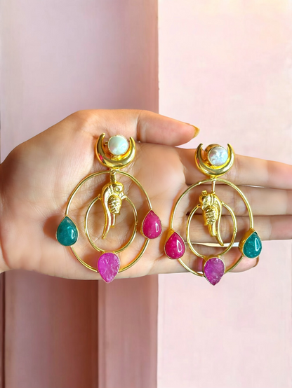 Totapari Stone Pearl Statement Dangler Brass Earrings