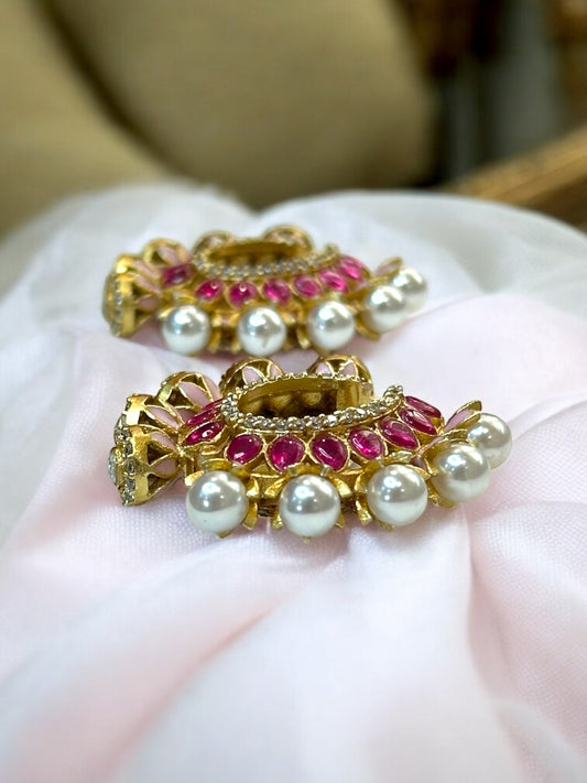 Inaraa Reversible AD-Pearl Brass Hoops