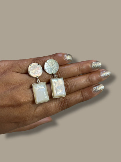 White Shell Carved Flower Rectangular Earrings