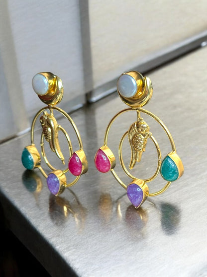 Totapari Stone Pearl Statement Dangler Brass Earrings
