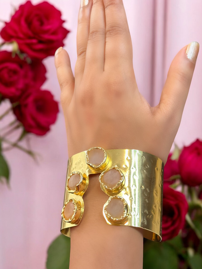 Natural Stone Panch Lazer Cut Brass Cuff Adjustable