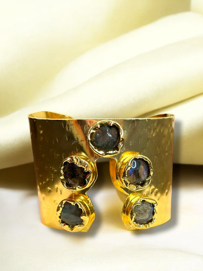Natural Stone Panch Lazer Cut Brass Cuff Adjustable