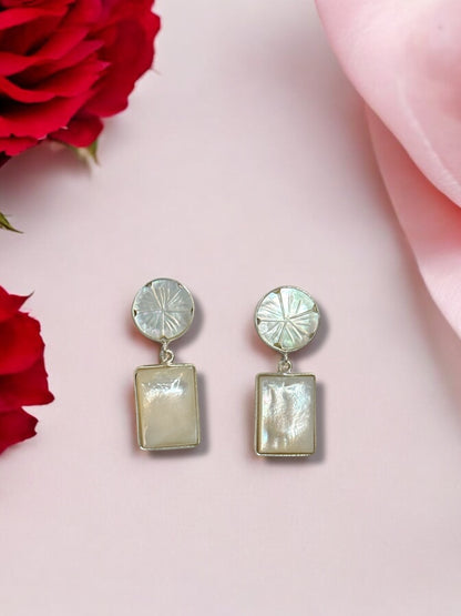 White Shell Carved Flower Rectangular Earrings