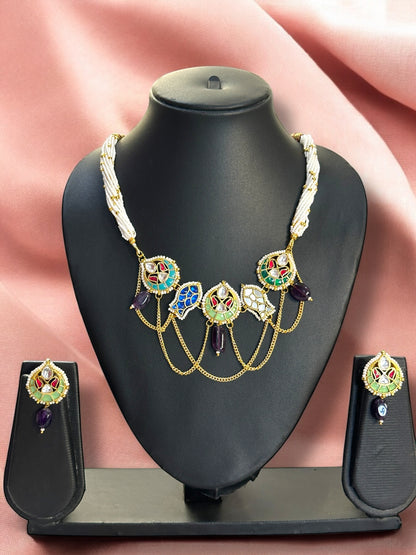 Purple Amethyst Machali Pachi Kundan Choker Set