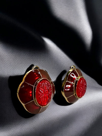 Carved Stone and Enamel Oversized Studs
