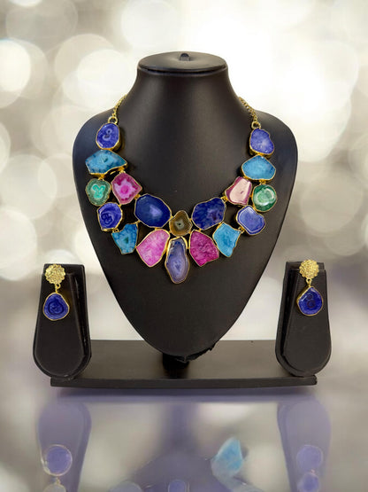 Multicolored Agate Stone Slice Brass Necklace Set