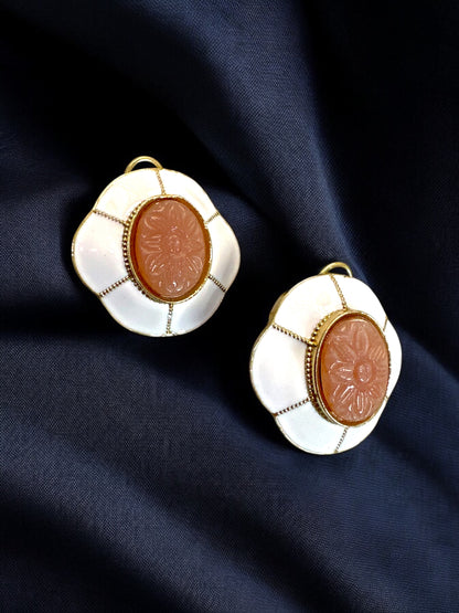 Carved Stone and Enamel Oversized Studs