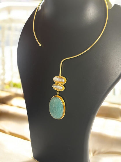Blue Thritiya Baroque Pearl and Stone Statement Hasli