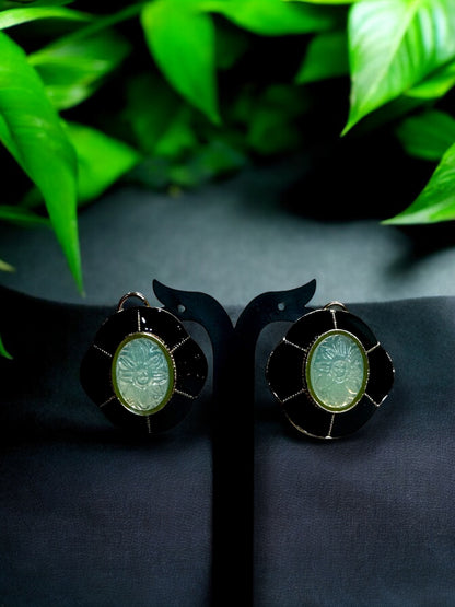 Carved Stone and Enamel Oversized Studs