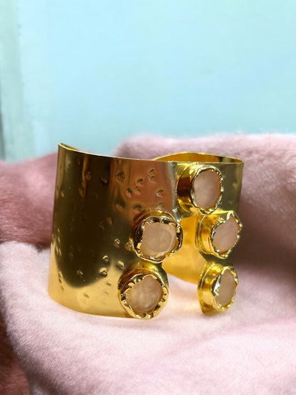 Natural Stone Panch Lazer Cut Brass Cuff Adjustable