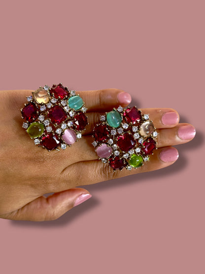 Red with Semi Precious Stone Oversized Studs