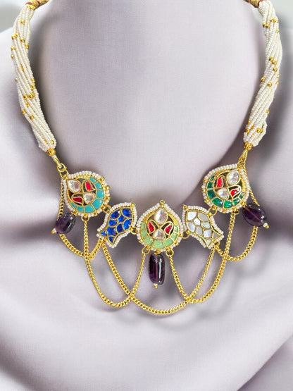 Purple Amethyst Machali Pachi Kundan Choker Set