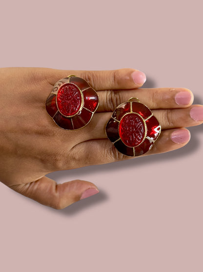 Carved Stone and Enamel Oversized Studs