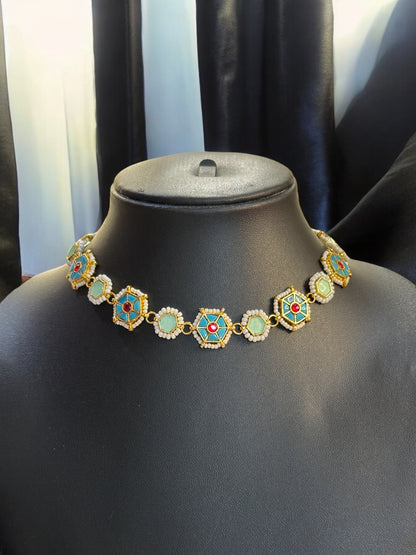 Turquoise Minimal Pachi Kundan Choker Set