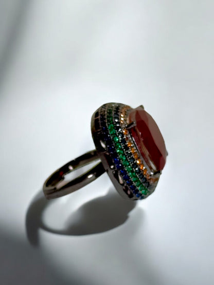 Red Crushed Doublet Square Cocktail Ring Adjustable