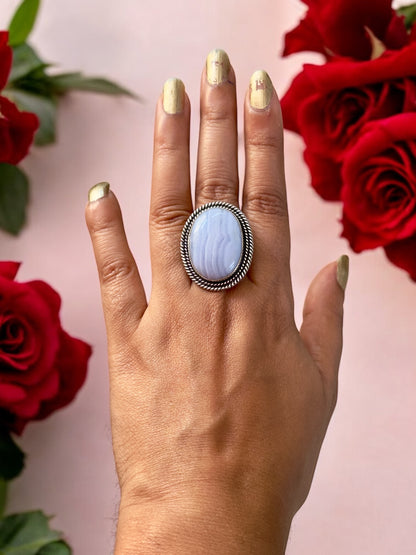 Light Blue Lace Agate Chunky Adjustable Ring