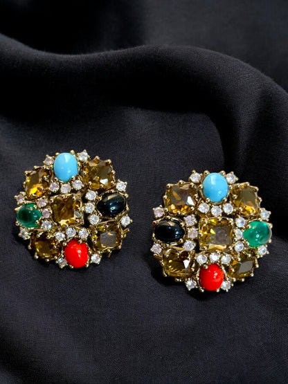 Brown with Semi Precious Stone Oversized Studs