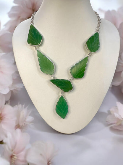 Green Onyx Leaf Carving Boho Necklace