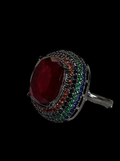 Red Crushed Doublet Square Cocktail Ring Adjustable