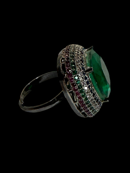 Green Crushed Doublet Square Cocktail Ring Adjustable