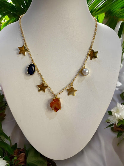 Carnelian and Stars Dainty Charm Neck Chain