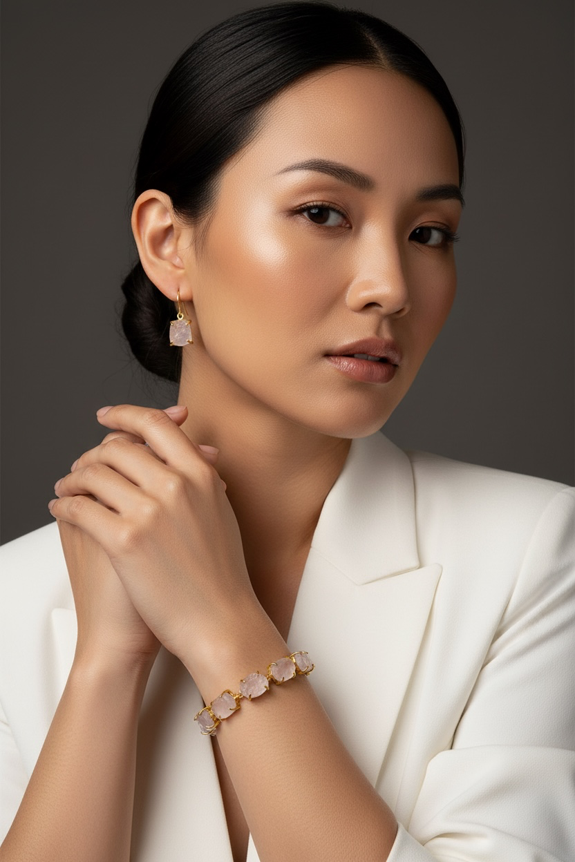 Rose Quartz Saisha  Combo Set - Bracelet And Drop