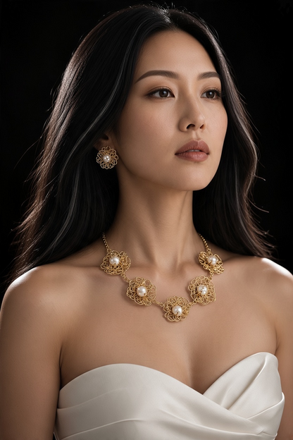 pearl Handfolded Flower Necklaces Set