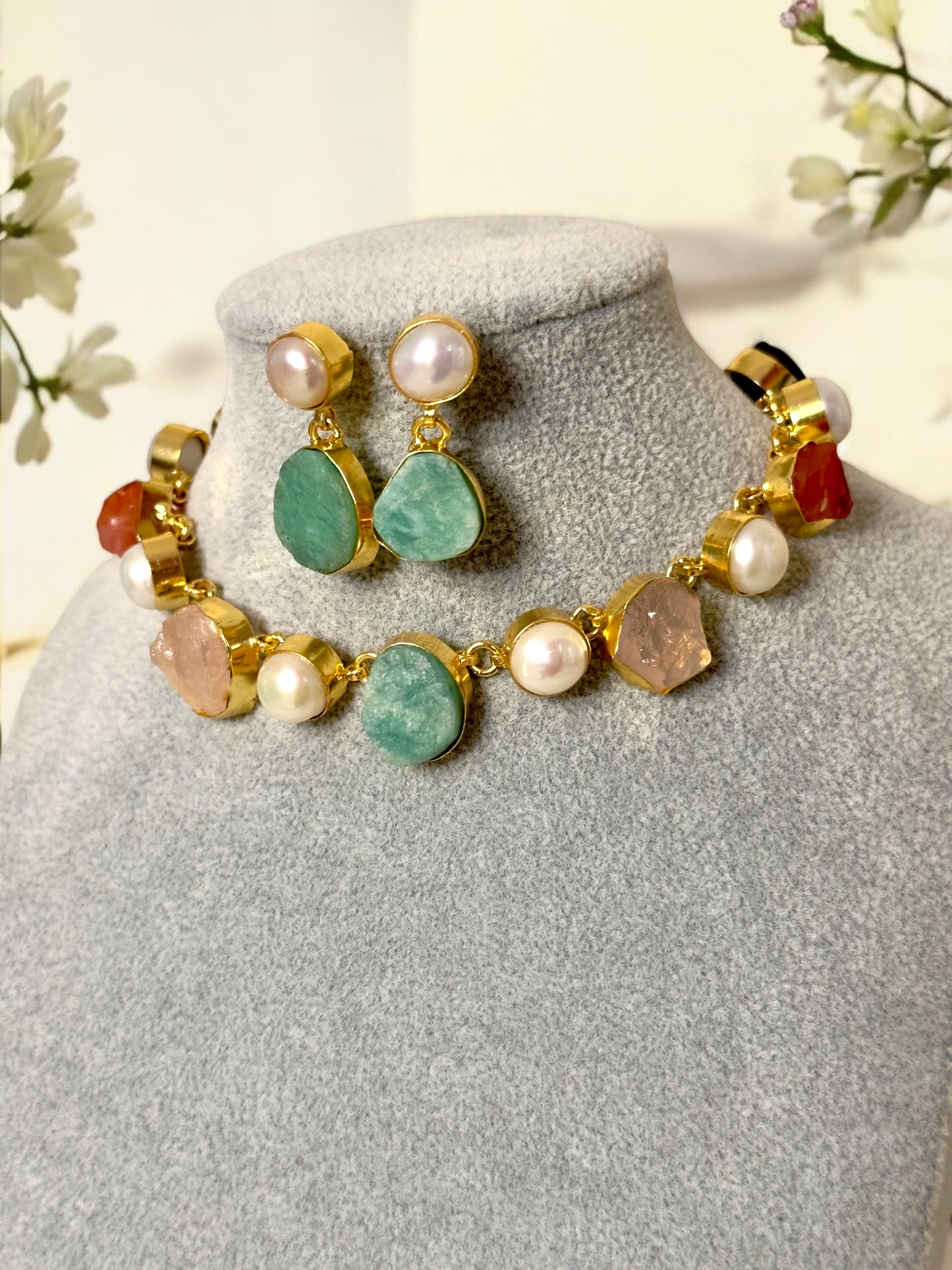 Seven Whispers Stone and Pearl Necklace Set with Earrings