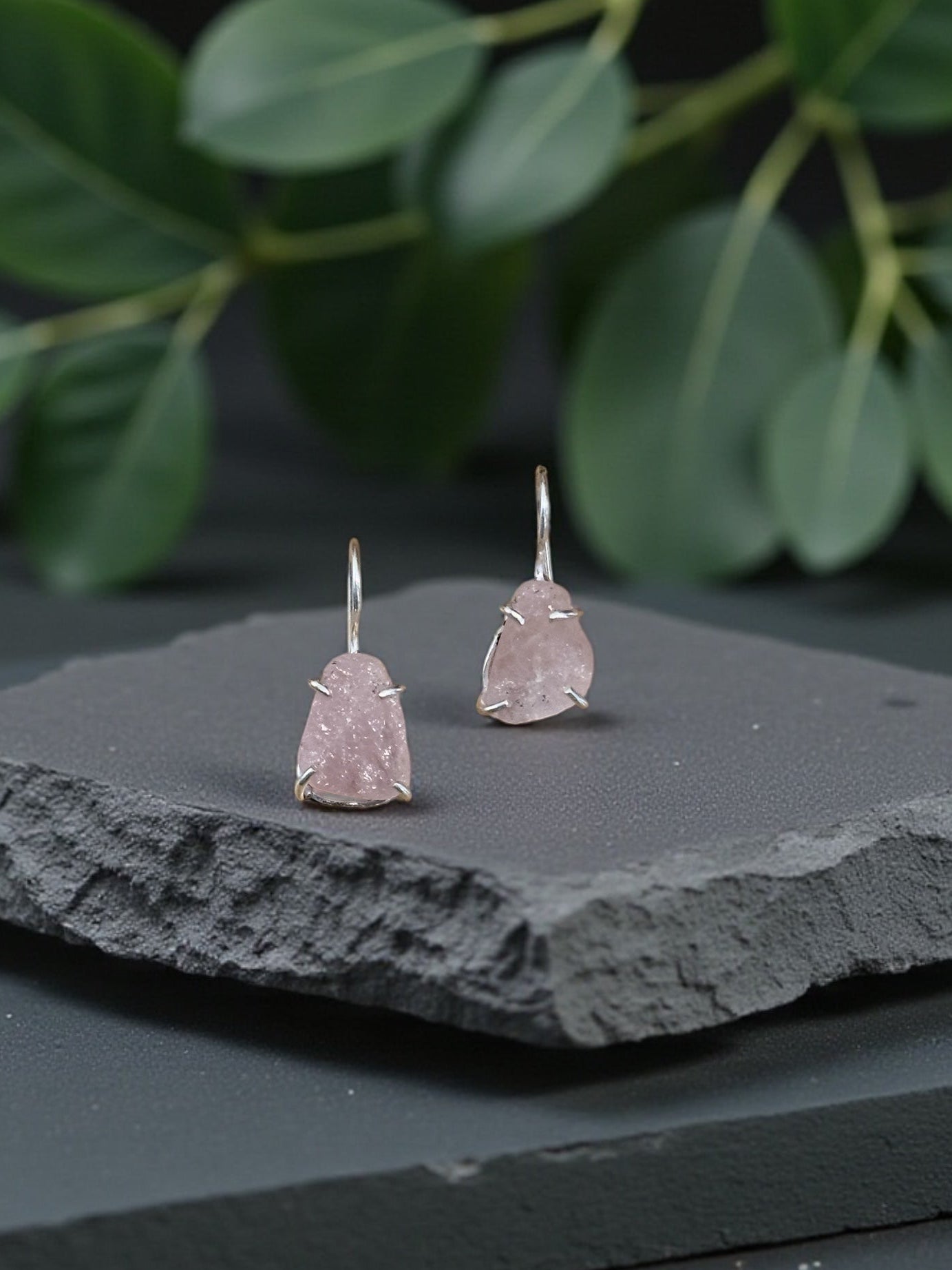 Pink Rose Quartz Silver Plated Saisha Stone Drop Studs