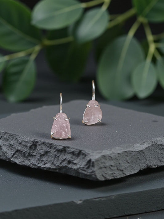 Pink Rose Quartz Silver Plated Saisha Stone Drop Studs