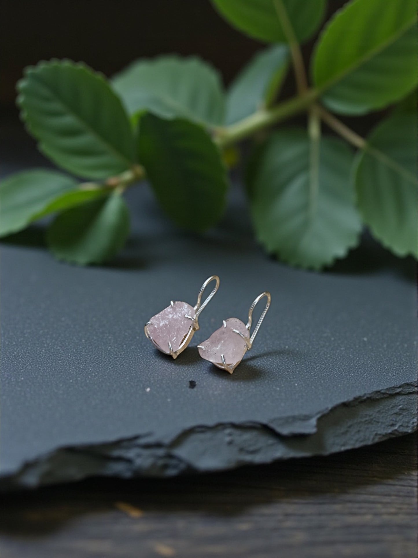 Pink Rose Quartz Silver Plated Saisha Stone Drop Studs