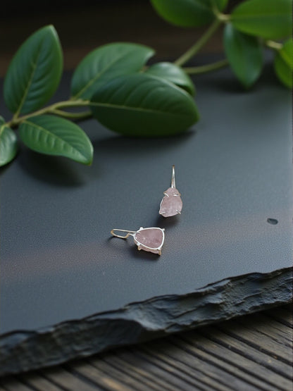 Pink Rose Quartz Silver Plated Saisha Stone Drop Studs