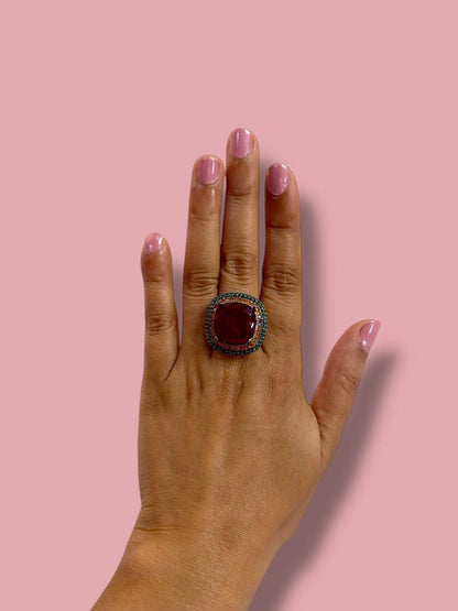 Red Crushed Doublet Square Cocktail Ring Adjustable