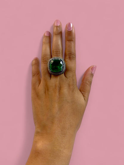 Green Crushed Doublet Square Cocktail Ring Adjustable