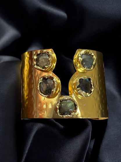 Natural Stone Panch Lazer Cut Brass Cuff Adjustable