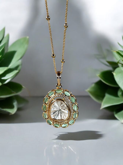 Mint Oval Minimal Polki Pendant Set