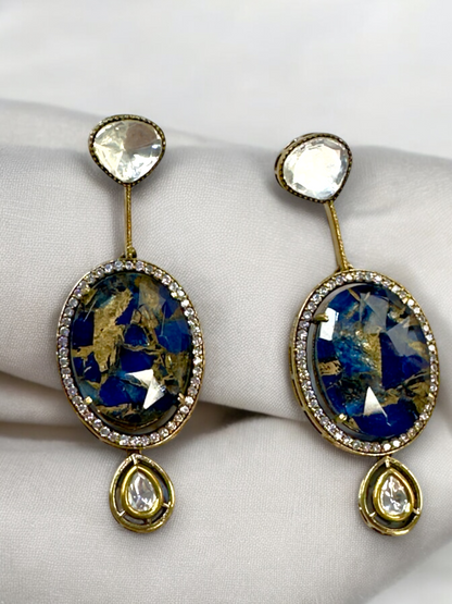 Oval Marble Stone Moissanite Polki Brass Earrings