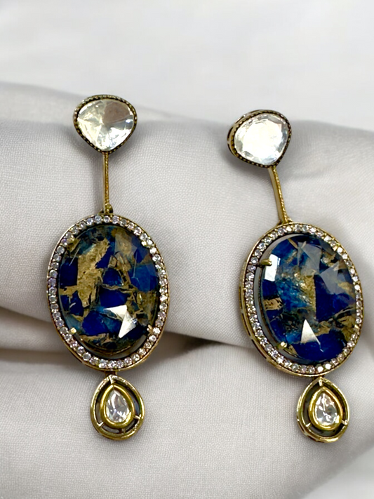 Oval Marble Stone Moissanite Polki Brass Earrings